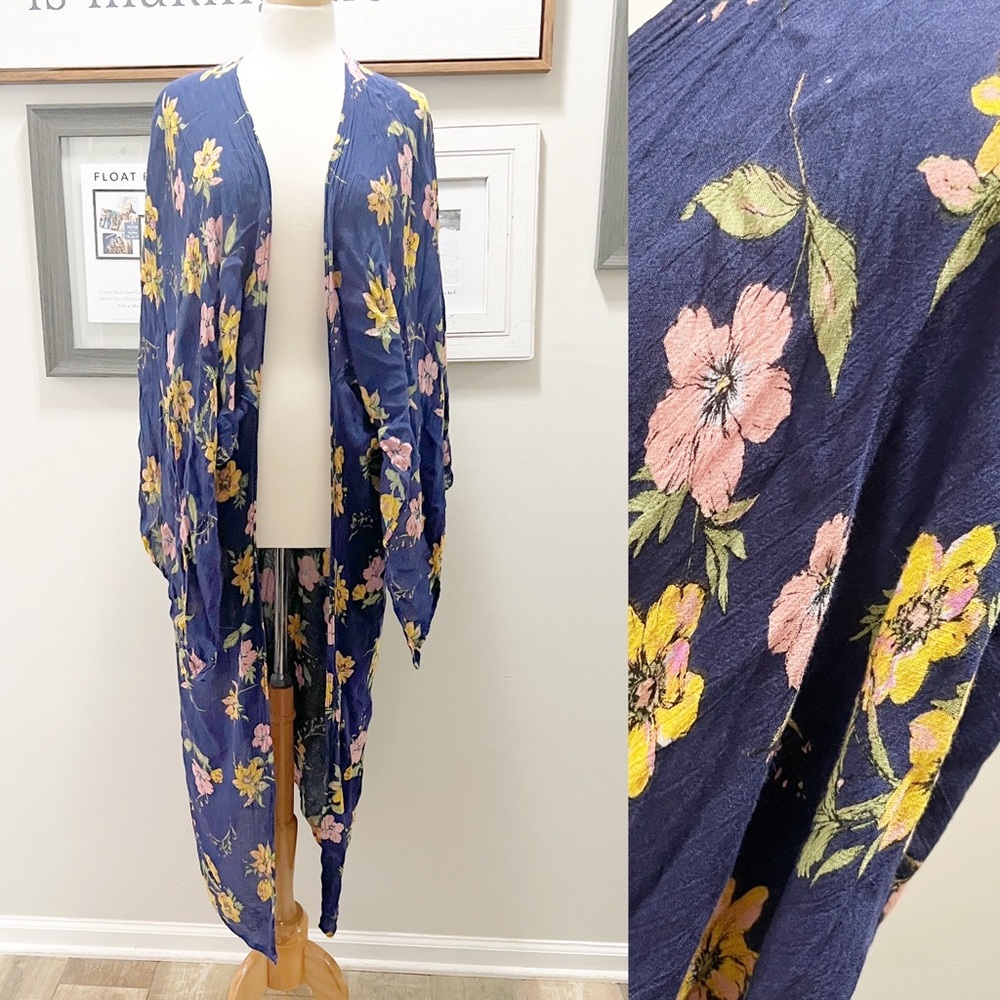 Navy Flower Open Front Duster